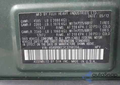 2012 Subaru Outback 2.5I Limited from USA, damaged, VIN 4S4BRBKC2C3298356